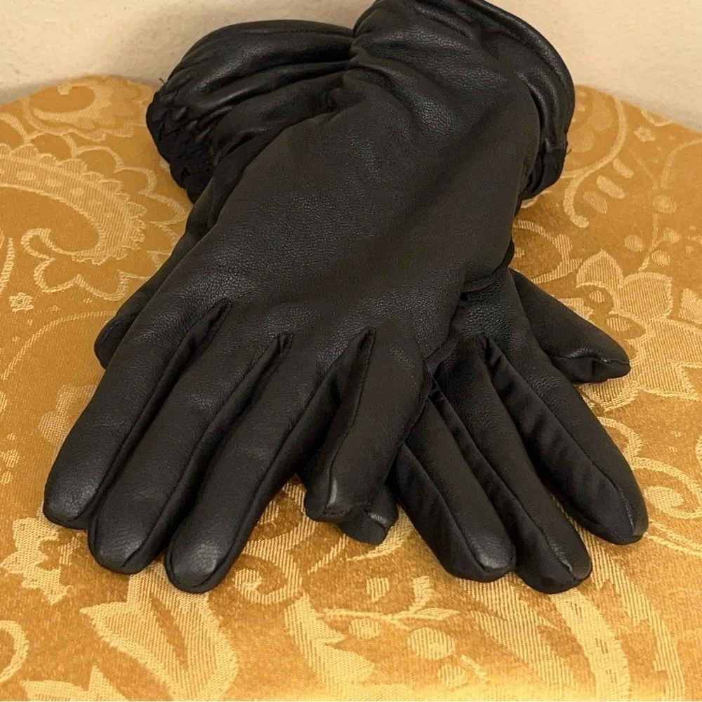 WOMENS BLACK FAUX LEATHER GLOVES TEXTING FINGER TIPS STRETCH CLASSIC